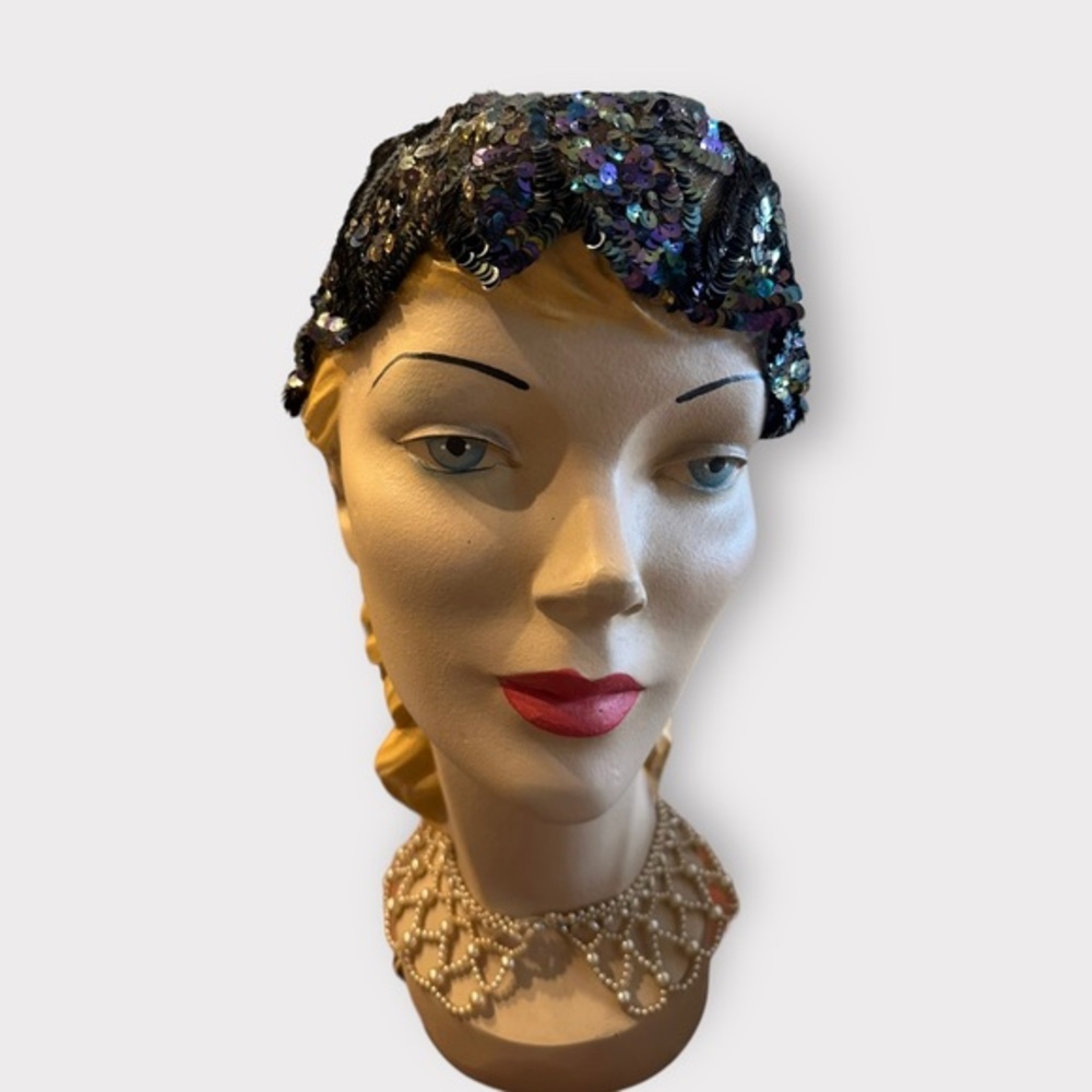 Vintage 1920s purple, black, & blue, sequin, beaded, lace, skull cap, hat